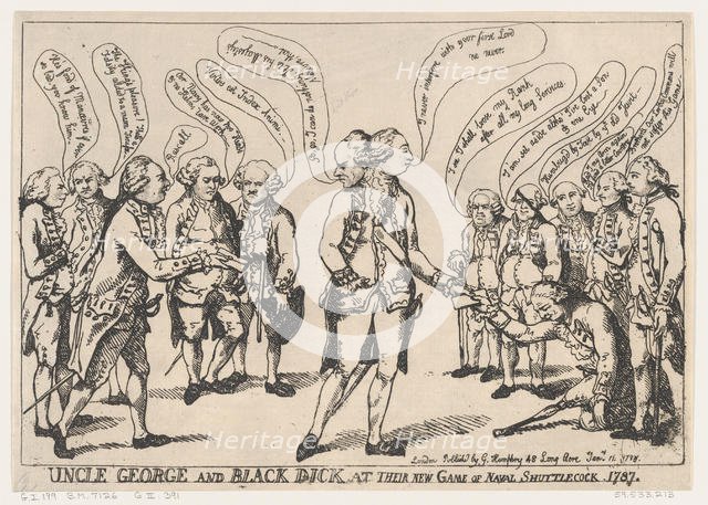 Uncle George and Black Dick at their New Game of Naval Shuttlecock, January 11..., January 11, 1787. Creator: Thomas Rowlandson.