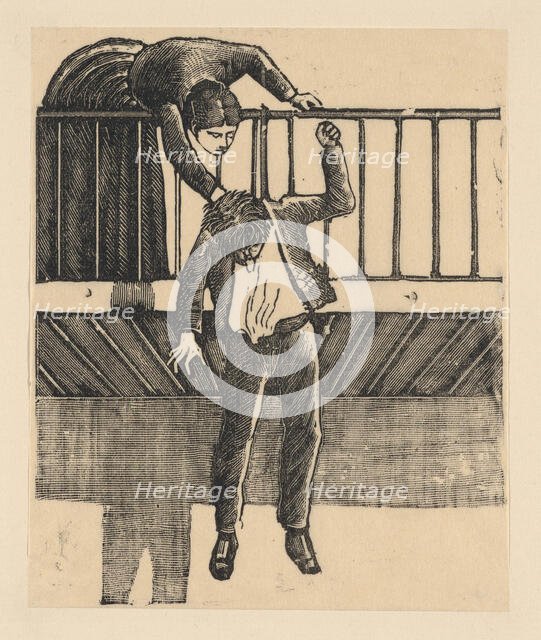 A woman discovering a man who has committed suicide by hanging himself from a bal..., ca. 1900-1910. Creator: José Guadalupe Posada.