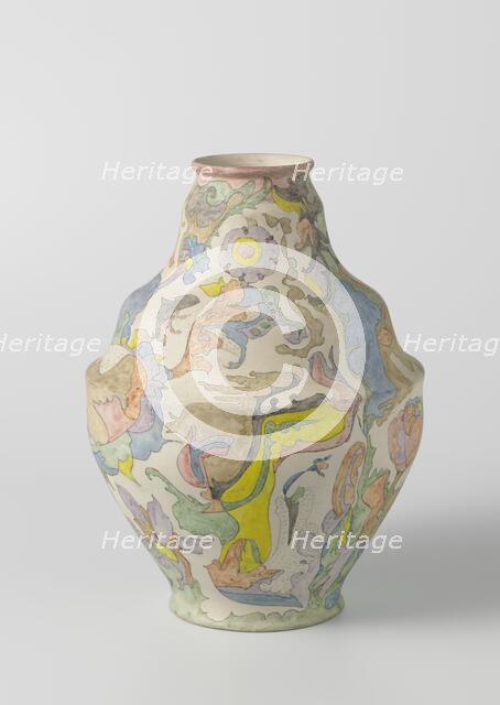 Vase with vaulted belly, polychrome painted with watercolour, c.1920-c.1922. Creator: Plateelbakkerij Zuid-Holland.