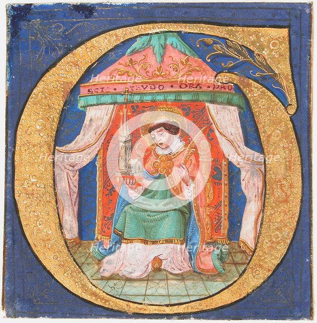 Manuscript Illumination with Saint Trudo (Trond) in an Initial O, from a Choir Book, 15th century. Creator: Unknown.