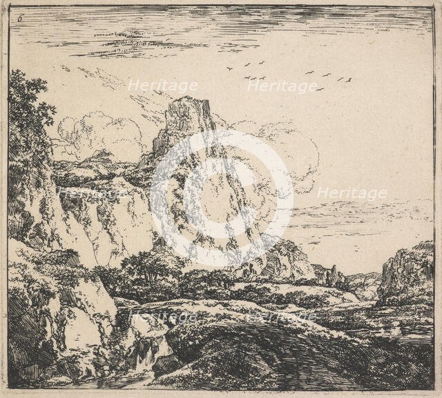 Eight landscapes. Plate 6. Mountainous landscape with tall cliffs, 1640-51. Creator: Herman Naiwincx.