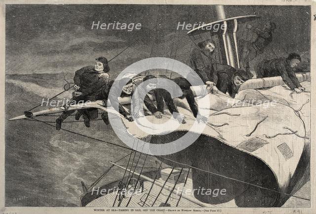 Winter at Sea - Taking in Sail Off the Coast, 1869. Creator: Winslow Homer (American, 1836-1910).