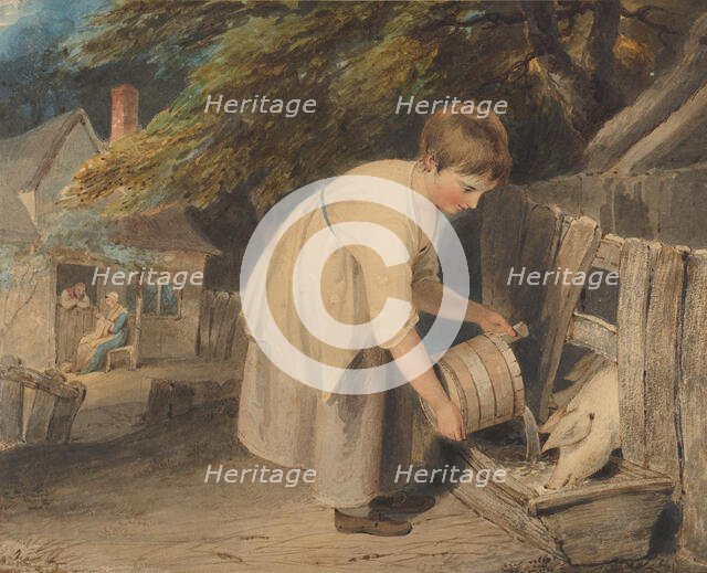 Girl Feeding Pigs, 1800. Creator: Richard Westall.