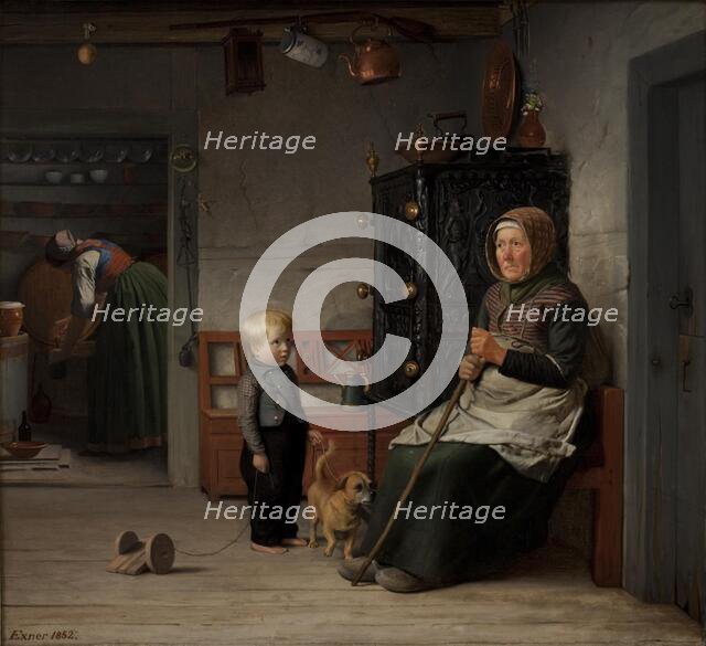 A poor woman waiting for a mug of beer in a farmhouse, 1852. Creator: Julius Exner.