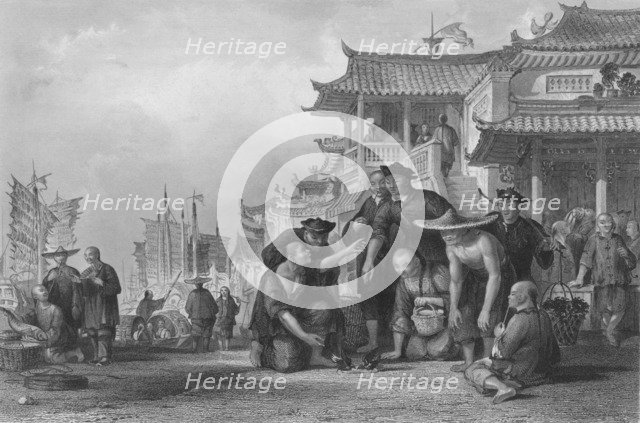 'Canton Barge-men fightng Quails', 1843. Artist: Augustus Fox.