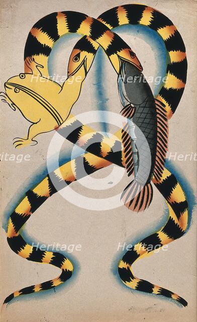 A Bengali proverb: two watersnakes swallowing fish and frog. Creator: Unknown.