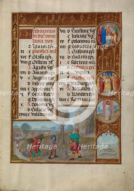 February Calendar Page: Working in a Vineyard: Pisces; Spinola Hours, about 1510-1520. Creator: Workshop of the Master of James IV of Scotland.