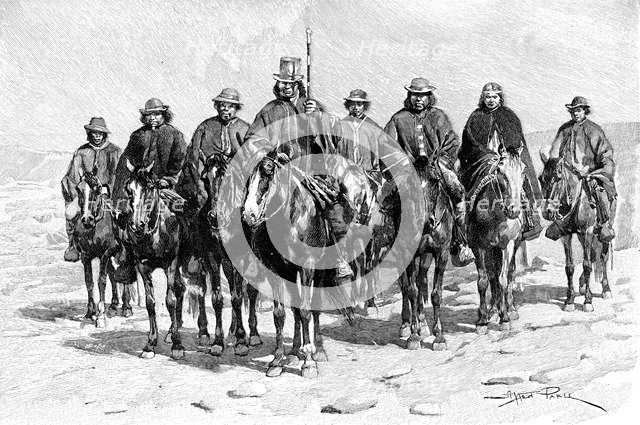 An Araucanian (Mapuche) chief and his staff, Chile/Argentina, 1895. Artist: Unknown