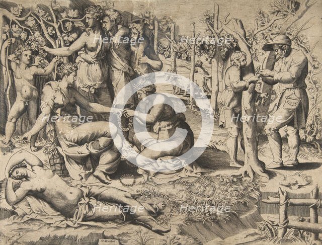 Flora in the centre passing a wreath to another woman, surrounded by other fig..., mid-16th century. Creator: Giulio Bonasone.