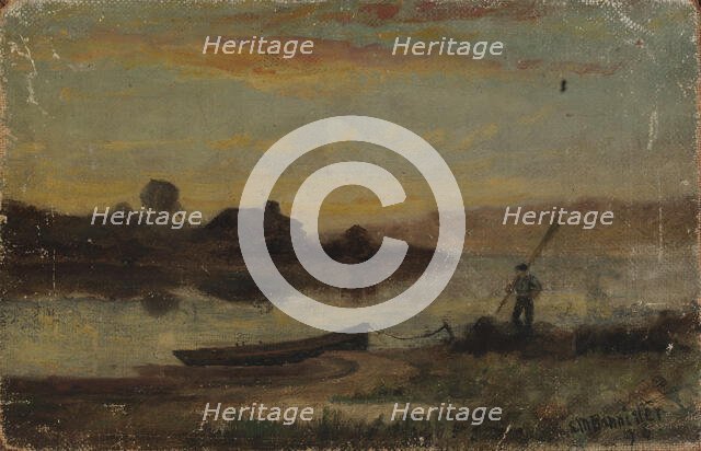 Untitled (landscape, boat moored near bank with man walking), 1896. Creator: Edward Mitchell Bannister.