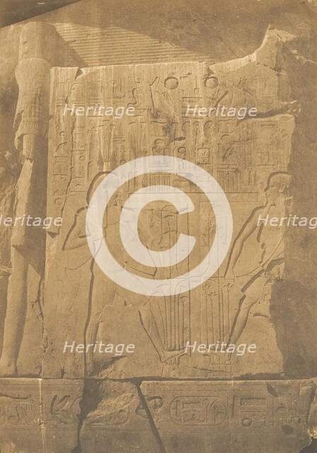 Siège du colosse monolithe d'Aménophis III, à Thèbes (Détails des sculptures), 1849-50. Creator: Maxime du Camp.