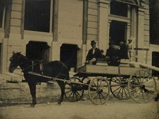 Three Men Seated in a Horse-Drawn Buggy in Front of a Building Under Construction, 1850s-60s. Creator: Unknown.