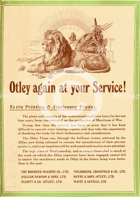 'Otley again at your service - To the Printing & Stationery Trades', 1919. Artist: Garratt & Atkinson.