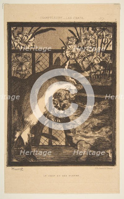 Cat and Flowers. Illustration to The Cats by Champfleury, 1869. Creator: Edouard Manet.