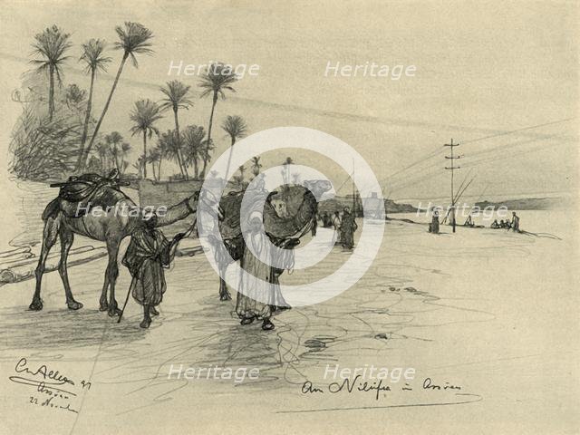 Camel-drivers on the banks of the Nile at Aswan, Egypt, 1898. Creator: Christian Wilhelm Allers.
