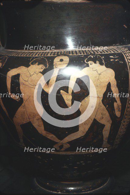 Greek Vase painting, Athletes with jumping-weights, found in Etruscan burial, c6th century BC. 