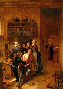 Interior with a surgeon attending to a chest wound, c1670s. Creator: Gerrit Lundens.