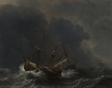 Three Ships in a Gale, 1673. Artist: Velde, Willem van de, the Younger (1633-1707)