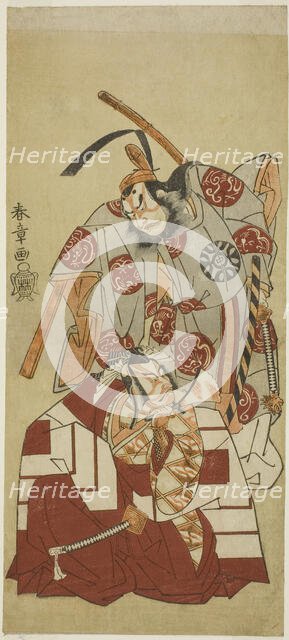 The Actors Ichikawa Danjuro V as Watanabe Kiou Takiguchi (bottom), and Nakamura Nakazo..., c. 1770. Creator: Shunsho.