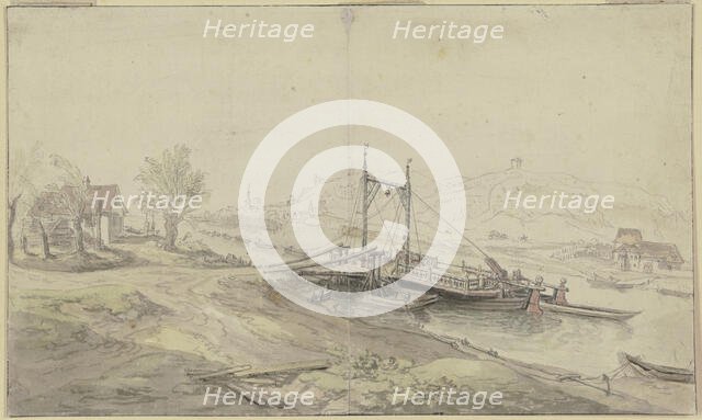 River ferry, houses on both sides of the river, mid-late 18th century. Creator: Christian Georg Schutz.