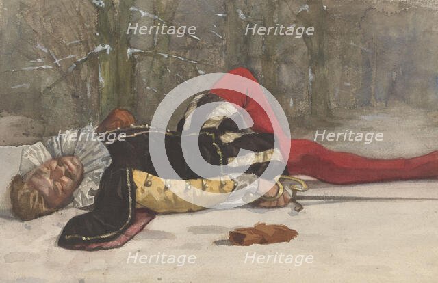 Stage scene with fallen duelist in a forest, 1870-1923. Creator: Willem Witsen.