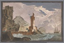 View of a harbor with the ruin of a tower on the waterfront, 1700-1799. Creator: Anon.