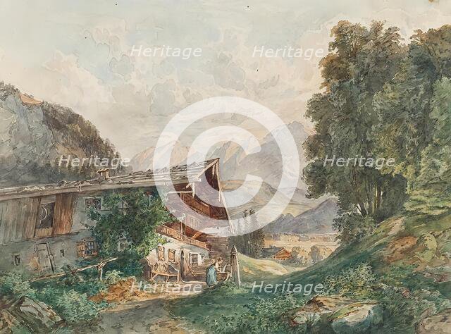 Alpine landscape with farmhouse and woman at the well, around 1860. Creator: Franz Barbarini.