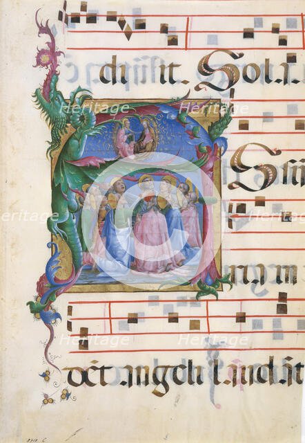 Manuscript Illumination with the Assumption of the Virgin in an Initial A..., Italian, 1450-60. Creator: Unknown.