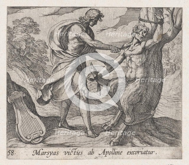 Plate 58: Apollo Killing Marsyas (Marsyas victus ab Apolline excoriatur), from Ovid's 'Met..., 1606. Creator: Antonio Tempesta.