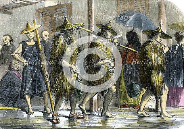 Coolies at Hong Kong, in wet weather, c1875. Artist: Unknown