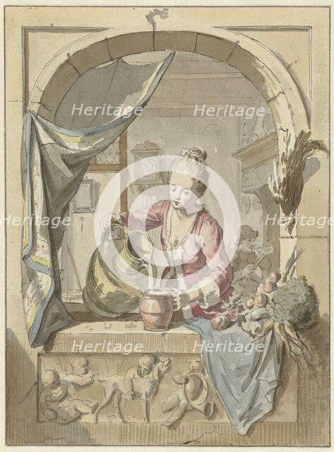 Woman pours milk from a jug, in a window, 1748-1798. Creator: Willem Joseph Laquy.