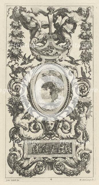 Ornamental Panel with Pan and Two Garland-Bearing Women, 1647. Creator: Michel Dorigny.