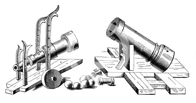 Bombards on fixed and rolling carriages, (1870). Artist: Unknown
