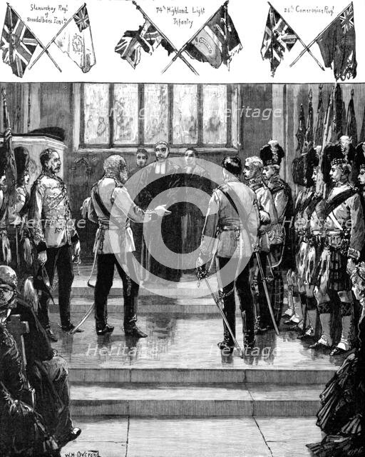 Placing the old Scottish Regimental Colours in St. Giles' Cathedral, Edinburgh, 1883. Creator: Unknown.