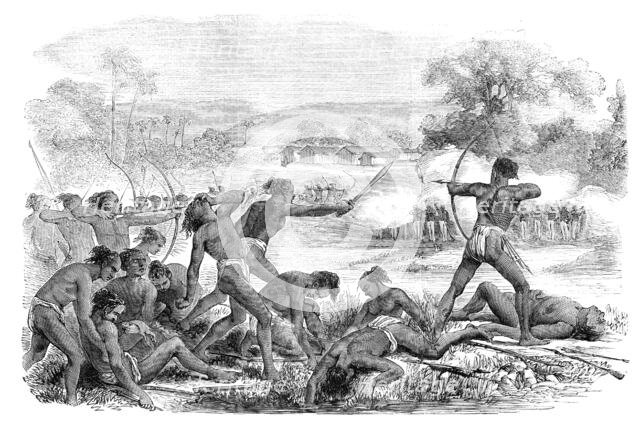 Attack by 600 Santhals upon a party of 50 Sepoys, 40th Regiment Native Infantry, 1856.  Creator: Unknown.