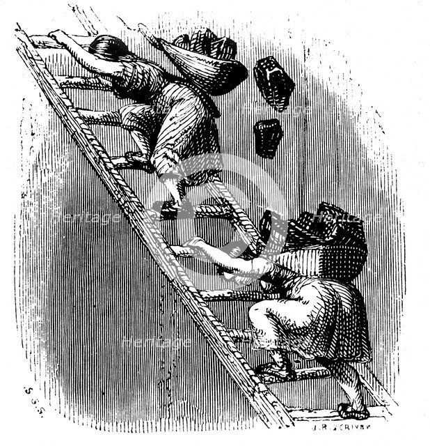 Women workers hauling coal to the surface up a ladder. Artist: Unknown