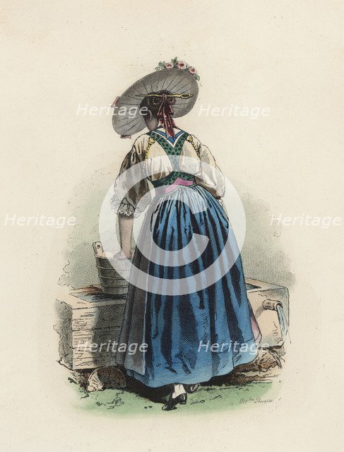 Young woman from the Canton Unterwald (Switzerland), color engraving 1870.