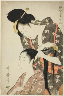 Hairdresser, from the series "Twelve Types of Women's Handicraft (Fujin tewaza..., Japan, c1798/99. Creator: Kitagawa Utamaro.