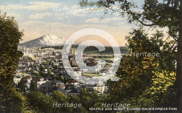 Seattle and Mount Rainier from Kinnear Park, Washington, USA, 1910s. Artist: Unknown
