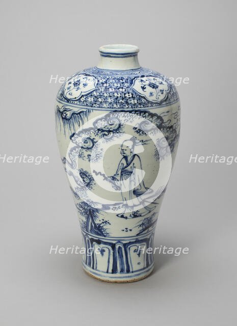 Elongated Bottle-Vase (Meiping) with a Scholar-Gentleman and Attendant, Ming dynasty, 15th cent. Creator: Unknown.
