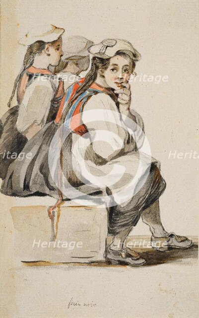 Three Black Forest peasant girls sitting side by side, seen from the side looking right, c1771-1772. Creator: Georg Melchior Kraus.