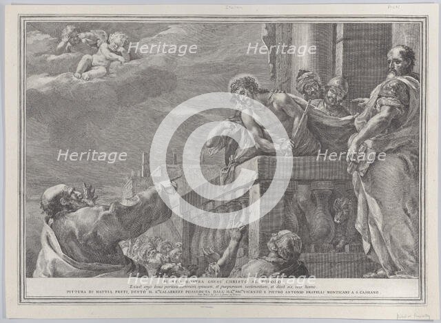 Christ on a balcony surrounded by guards, Pilate stands to the right gesturing towa..., ca. 1730-39. Creator: Pietro Monaco.