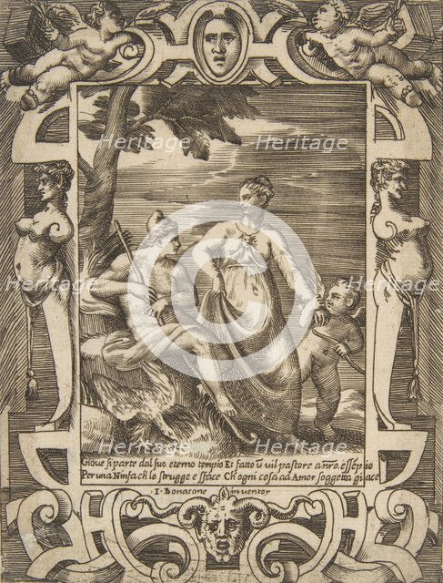 Jupiter at left in the form of a shepherd accompanied by Mnemosyne, set within an elabo..., 1531-76. Creator: Giulio Bonasone.