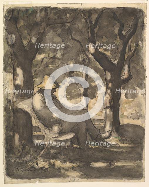 A Man Reading in a Garden (recto); Preliminary sketch for a Man Reading in a Garden (v..., ca. 1865. Creator: Honore Daumier.