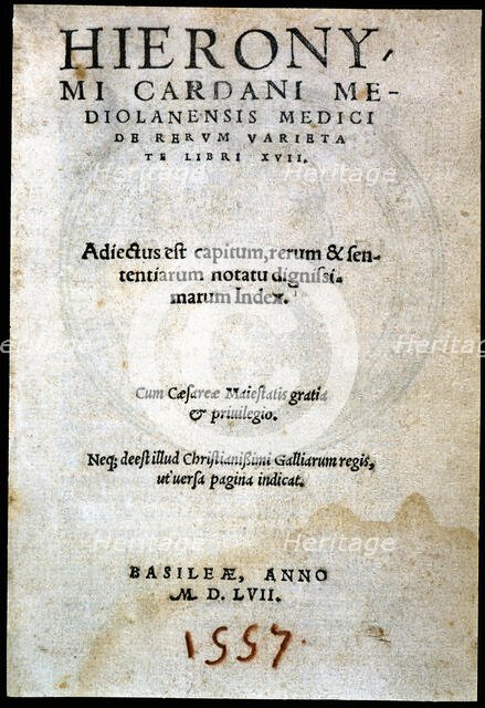 De rerum varietate libri XVII, cover of the 2nd edition, printed by Henricus Petrus of Basel in 1557 Creator: Cardano, Girolamo (1501 - 1576).