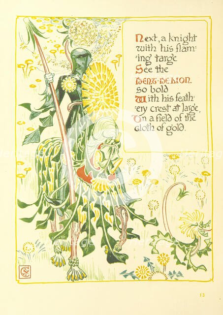 Next, a knight with his flaming targe See the Dent-De-Lion so bold, 1899. Creator: Walter Crane.
