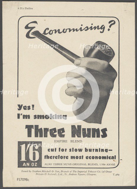 Three Nuns Pipe Tobacco, c.1930s. Artist: Wilfred Fryer