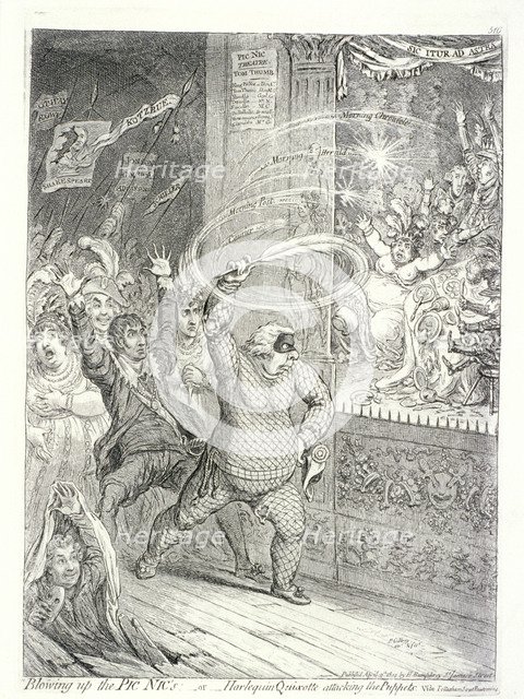 'Blowing up the Pic Nic's; or, Harlequin Quixotte attacking the puppets...', 1802. Artist: James Gillray