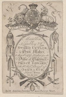 Trade Card Bearing the Name of the Late Gunmaker John Knubley (1750-1795), ca. 17..., ca. 1795-1804. Creator: Anon.