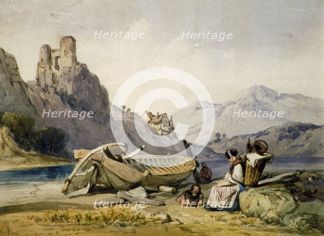 'Figures and a boat on the shore of a lake, a house and ruined castle in the background', c1830s. Artist: Alfred Gomersal Vickers